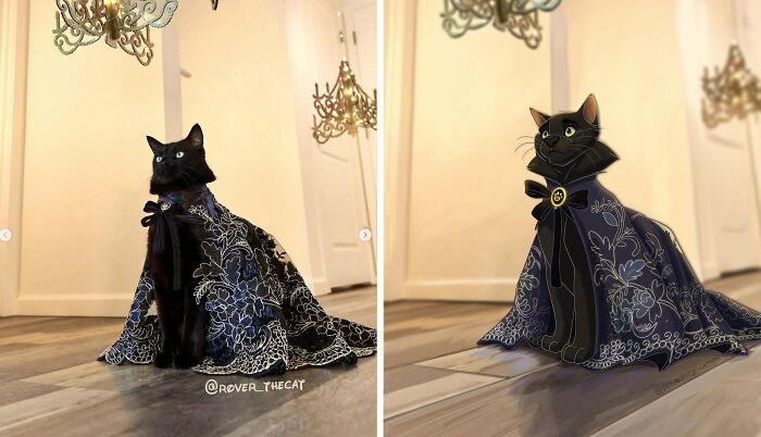 An artist Disneyfies pets: a black cat wearing an elaborate black and blue dress, Disneyfied into a regal cartoon.