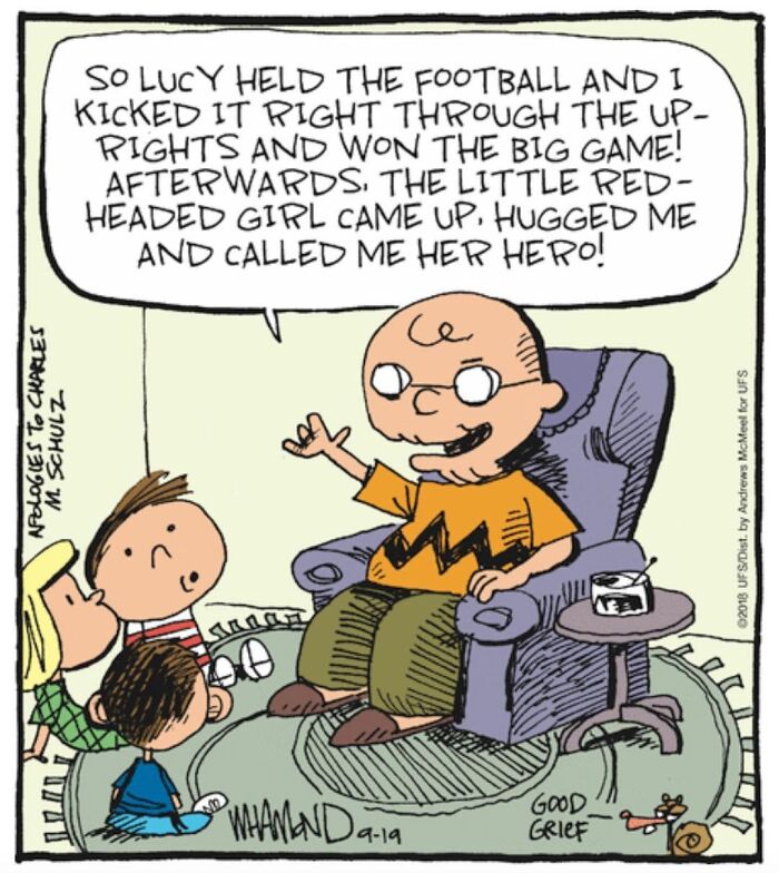 Clever comics by Dave Whamond perfectly capture human nature as an old man tells kids a football story.