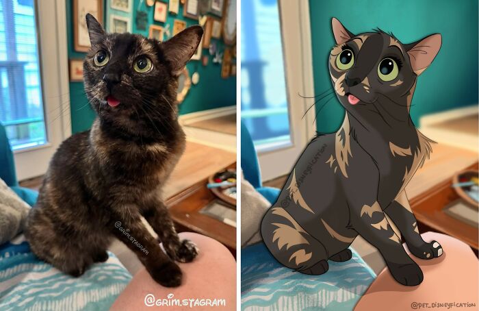 Original photo and Disneyfied version of a tortoiseshell cat with green eyes and tongue out, pet disneyfication art.