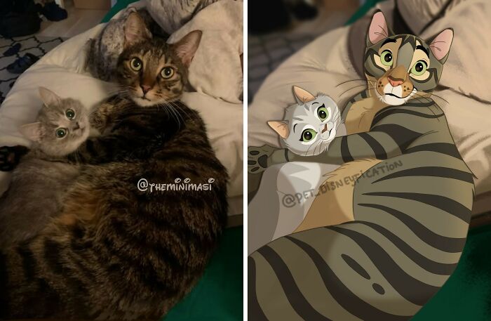 A large tabby cat hugging a small grey kitten, Disneyfied with big eyes, showcasing Disneyfies pets.