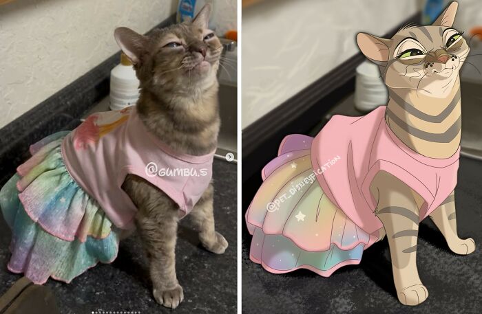 A brown tabby cat wearing a colorful tutu, Disneyfied with a sassy expression, showcasing Disneyfies pets.
