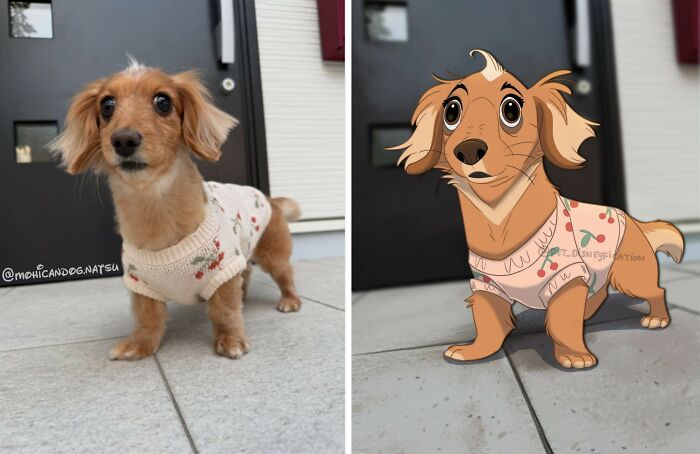 A small, light brown dog wearing a cherry-patterned sweater, Disneyfied with big, expressive eyes.