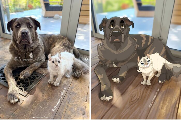 A Disneyfied portrait of a large brindle dog and a small white cat sitting side-by-side on a wooden floor.
