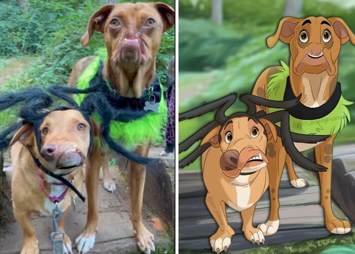 An artist disneyfies two pet dogs, transforming their photos into humorous cartoon characters.