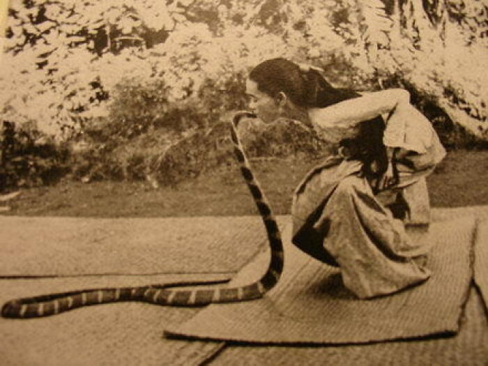 A black and white photo of a woman with a snake, one of the interesting photos that are still intact after all these years.