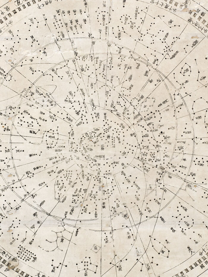 An old, detailed star chart with many constellations and lines, an interesting object still intact after all these years.