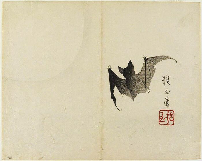 A black bat flying against a light background with Japanese characters, an interesting object still intact after all these years.