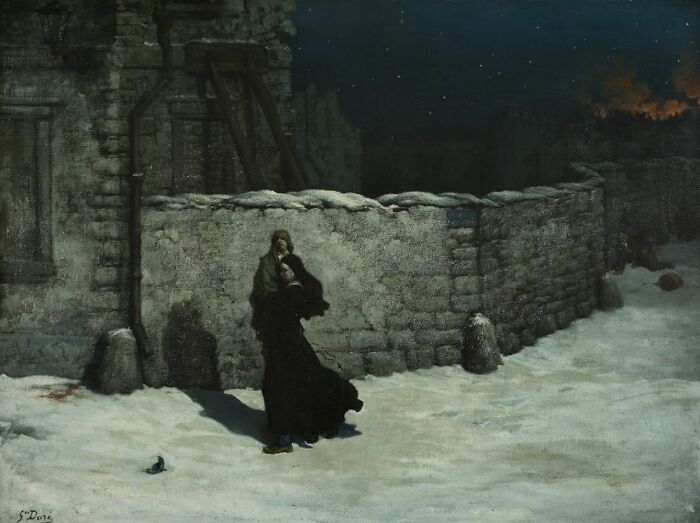 A haunting painting of two figures embracing in a snowy, desolate landscape under a starry sky, intact after years.