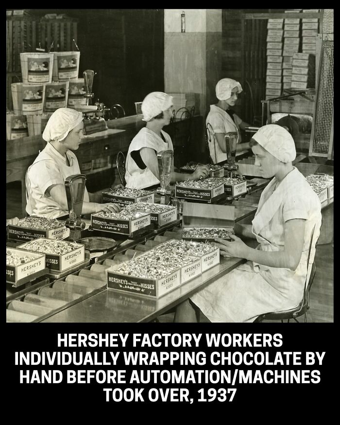 Historical photo of Hershey factory workers individually wrapping chocolates by hand in 1937, before automation.