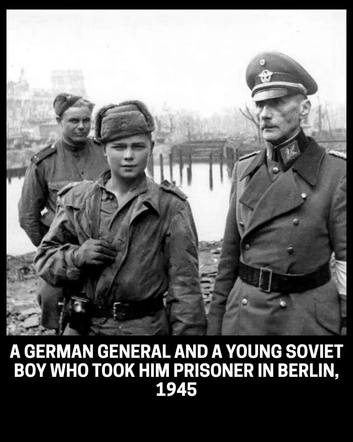 A German general and a young Soviet boy, his captor, a compelling historical photo from 1945.