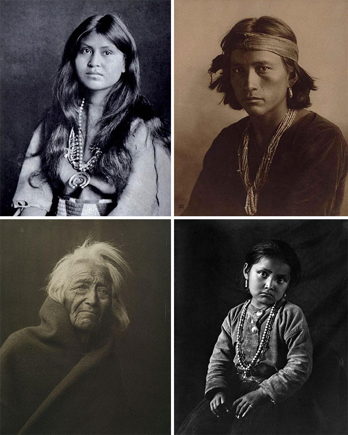 A collage of four black and white historical photos, each depicting an indigenous person of different ages with traditional attire.