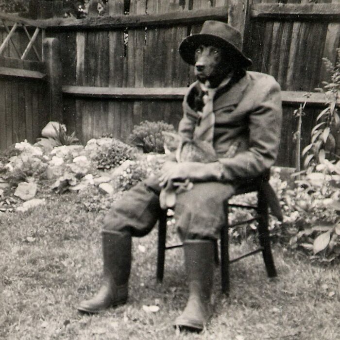 A man in a dog mask and suit holds a cat while sitting outdoors, a surreal image from interesting historical photos.