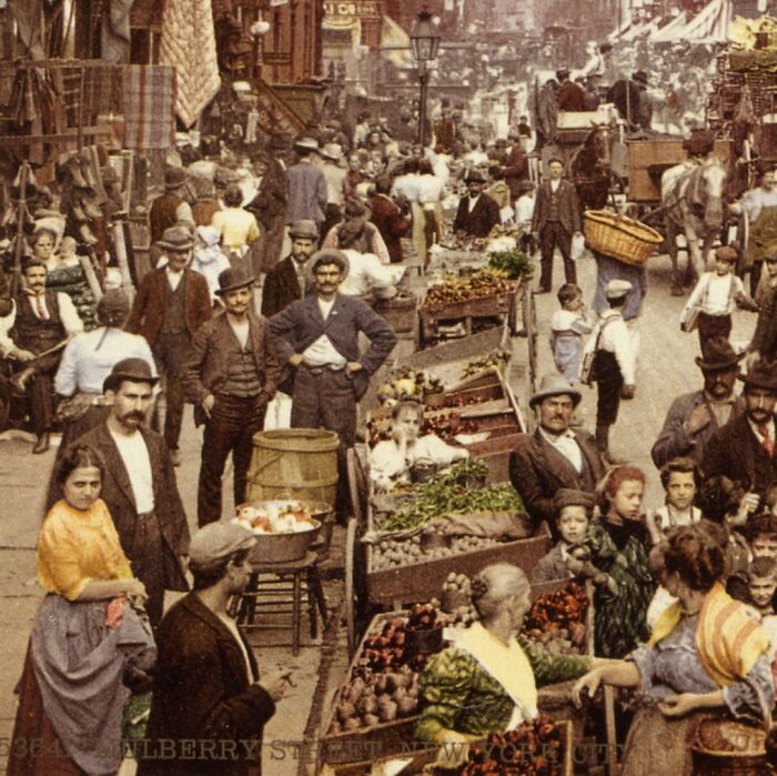 A busy street scene with people and market stalls, a fascinating historical photo from early New York City.