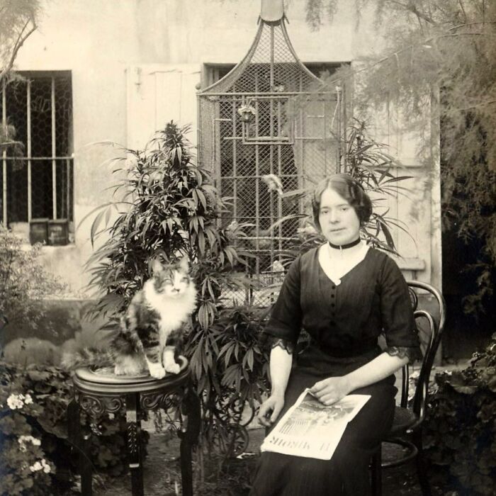 A woman sitting with a large cat next to her in a garden with interesting historical details.
