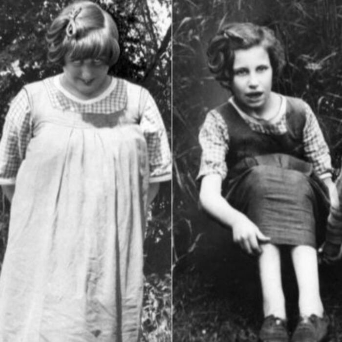 A split image of two young girls, one in a light dress and the other seated, both captivating historical photos.