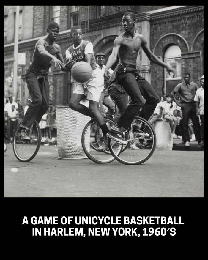 Rare historical photos: A game of unicycle basketball in Harlem, New York, 1960s.