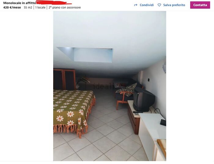 Unhinged real estate listings of a low-ceiling room with a bed and a small TV, showing an unusual layout and tight space.