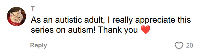 A comment from an autistic adult thanking for a series on autism, appreciating the new understanding of the condition. A comment from an autistic adult thanking for a series on autism, appreciating the new understanding of the condition.