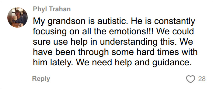 A social media comment from user Phyl Trahan discussing her autistic grandson and seeking understanding for autism. A social media comment from user Phyl Trahan discussing her autistic grandson and seeking understanding for autism.