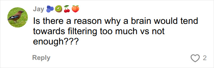 A comment asking about brain filtering related to autism research. A comment asking about brain filtering related to autism research.