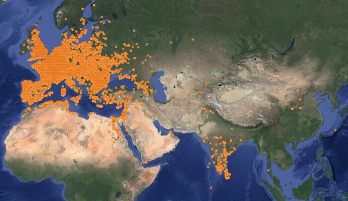 Map highlighting locations of Orange dots in Europe, Middle East, South Asia