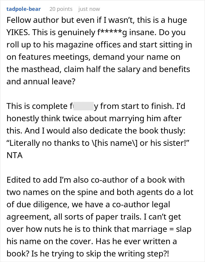 A Reddit comment regarding a guy wanting his name on author GF's book and lying about co-writing.