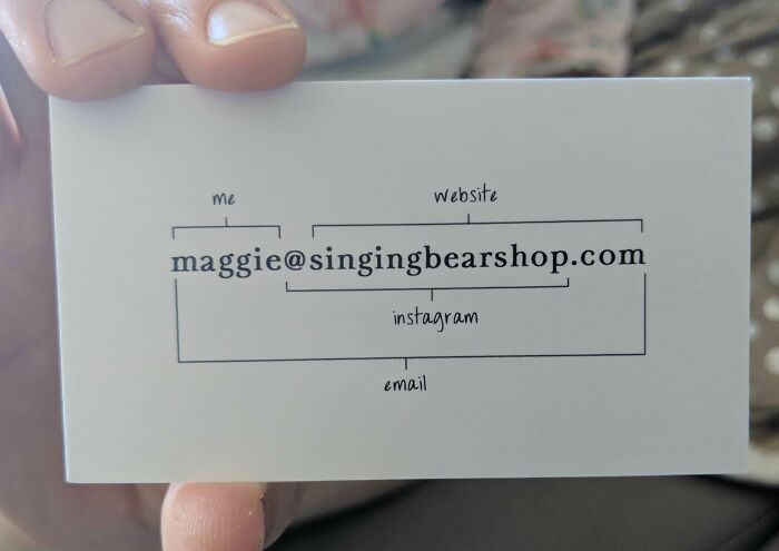 Creative designer business card combining email, website, and Instagram info