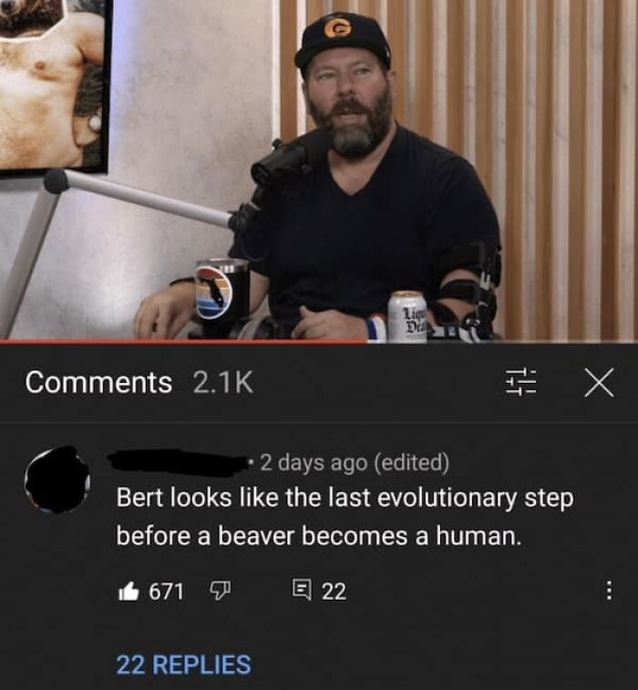 Bert in a YouTube video, with a savage comment comparing him to a beaver's evolutionary step.