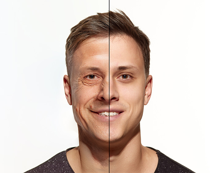 Split face of man showing youthful and aged side for attractiveness Split face of man showing youthful and aged side for attractiveness