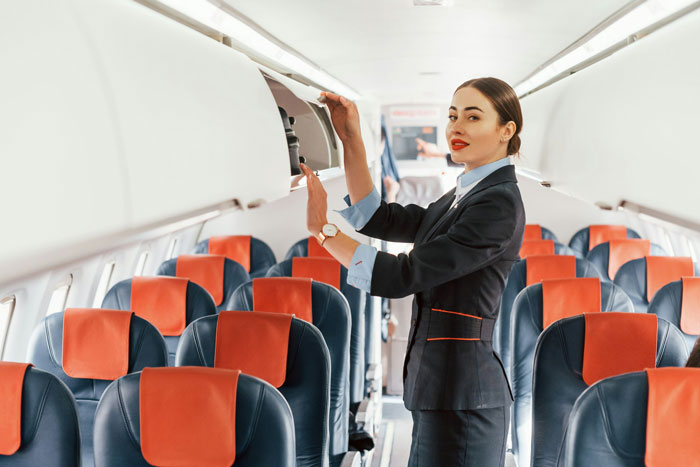Flight attendant inside airplane cabin arranging overhead bin Flight attendant inside airplane cabin arranging overhead bin