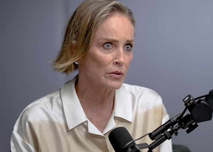 Sharon Stone speaking intensely during a podcast interview