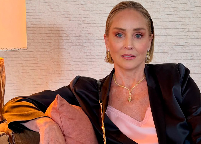 Sharon Stone posing elegantly in a black jacket after life-changing surgery