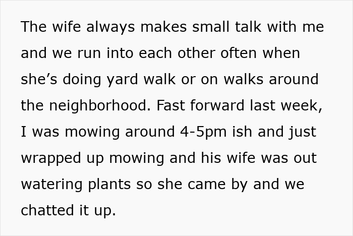 Text snippet describing the neighbor's wife making small talk about yard work.