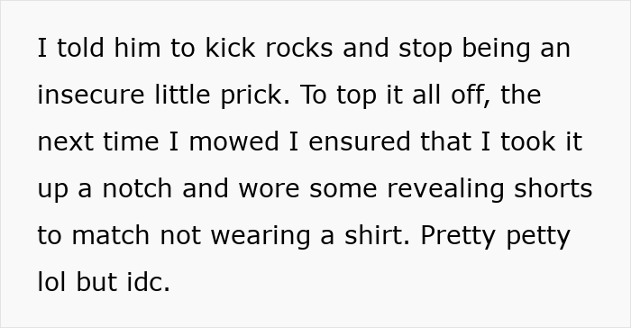 Text snippet detailing the man's plan to annoy his insecure neighbor by wearing revealing shorts.