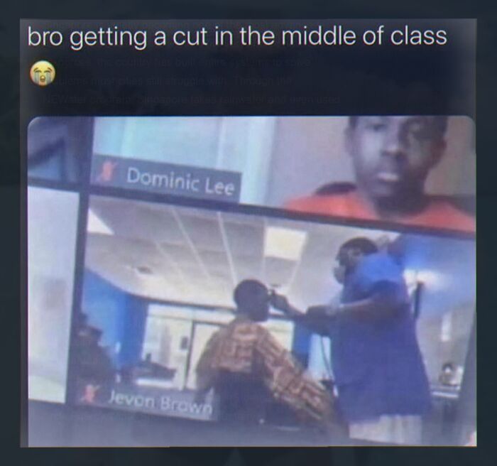 Online class screenshot showing student getting a haircut meme