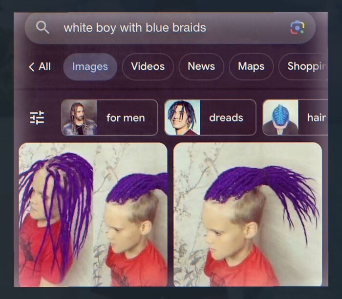 Search results for white boy with blue braids showing side and back views
