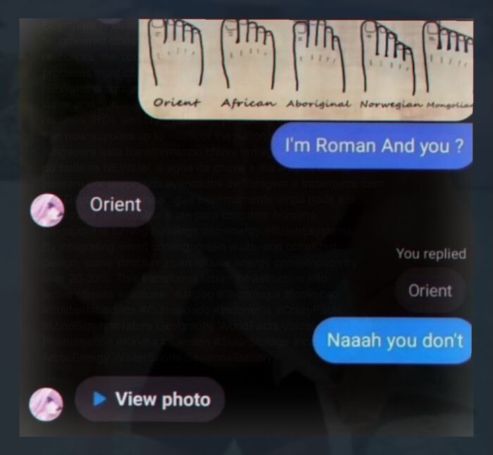 Chat screenshot with foot drawings and conversation about origins