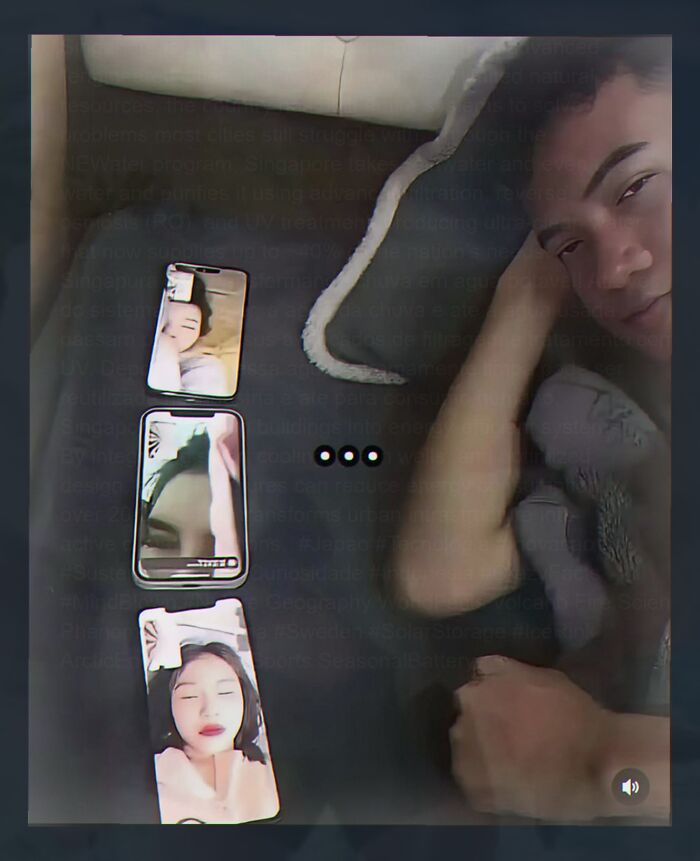 Man lying next to three phones showing a woman on video calls