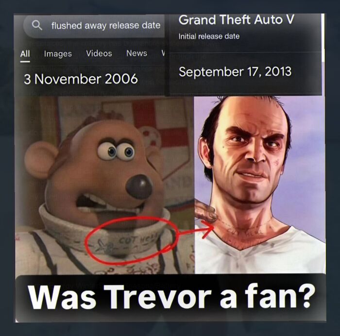 Cringe meme comparing Flushed Away and Grand Theft Auto V release dates