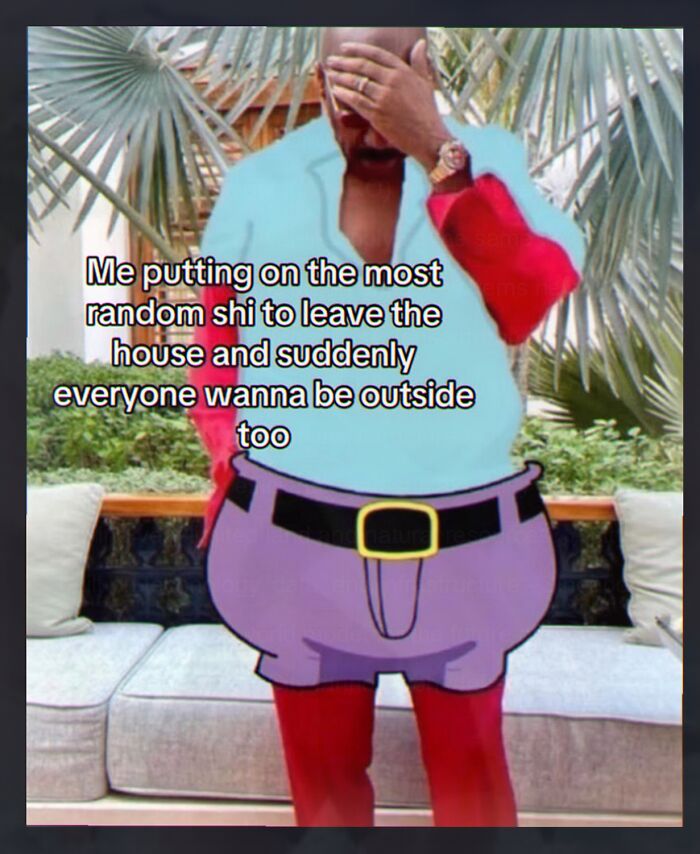 Cringe meme of man dressed as cartoon character embarrassed to leave house outdoors