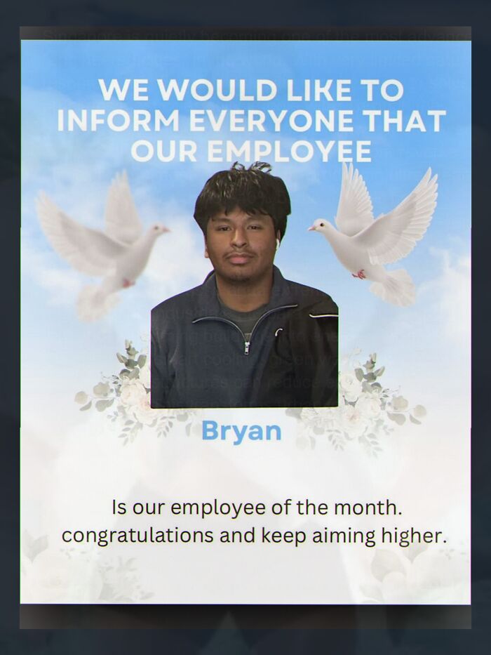 Employee of the month announcement with doves cringe post