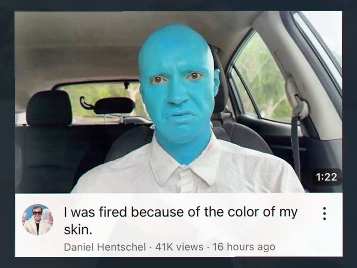 Man with blue face makeup unlucky cringe firing meme