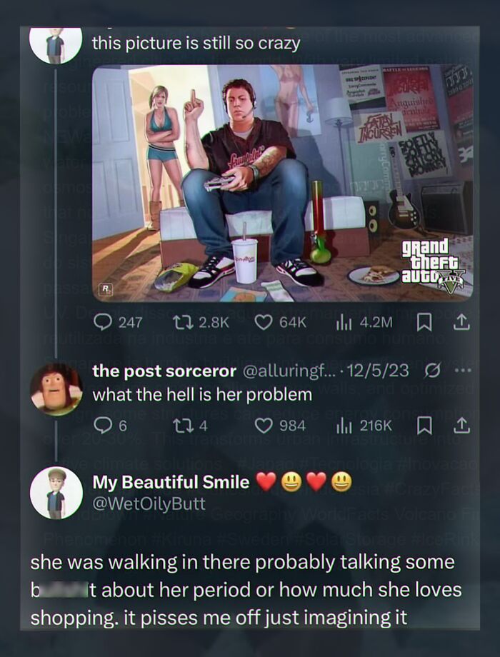 Cringe social media post with Grand Theft Auto V game image and angry comments