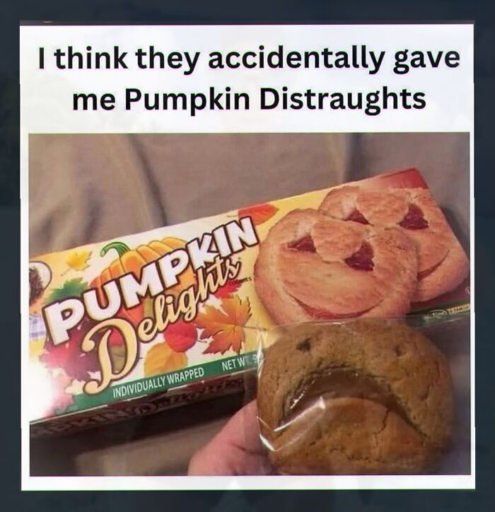 Cringe meme of pumpkin cookies labeled as pumpkin distraughts