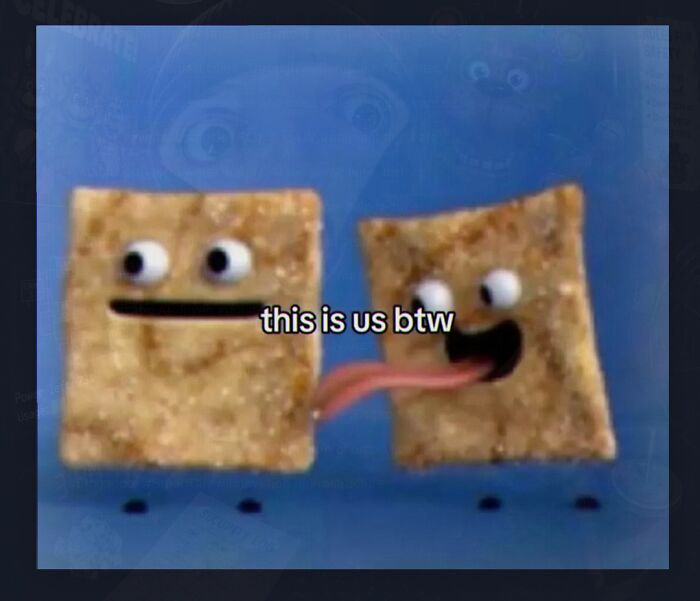 Meme of two animated cereal squares with caption this is us