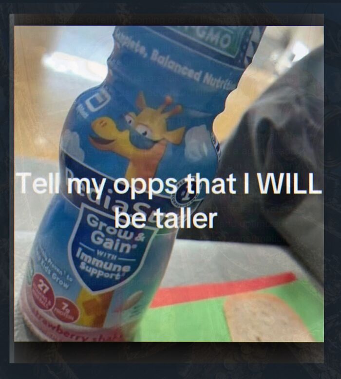 Meme with a cartoon giraffe bottle and text about being taller