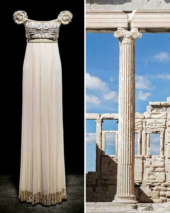 Minimalism inspired ancient Greek-style dress design with intricate shoulder details