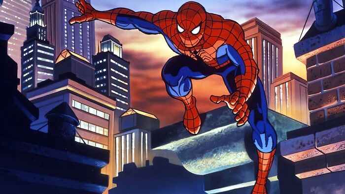 Spider-Man swinging through a city, an unconventional way to earn money as a superhero.