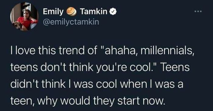 Tweet about millennials and teens not thinking each other are cool