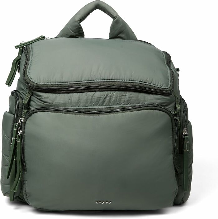 Green multi-pocket dad backpack with padded handle